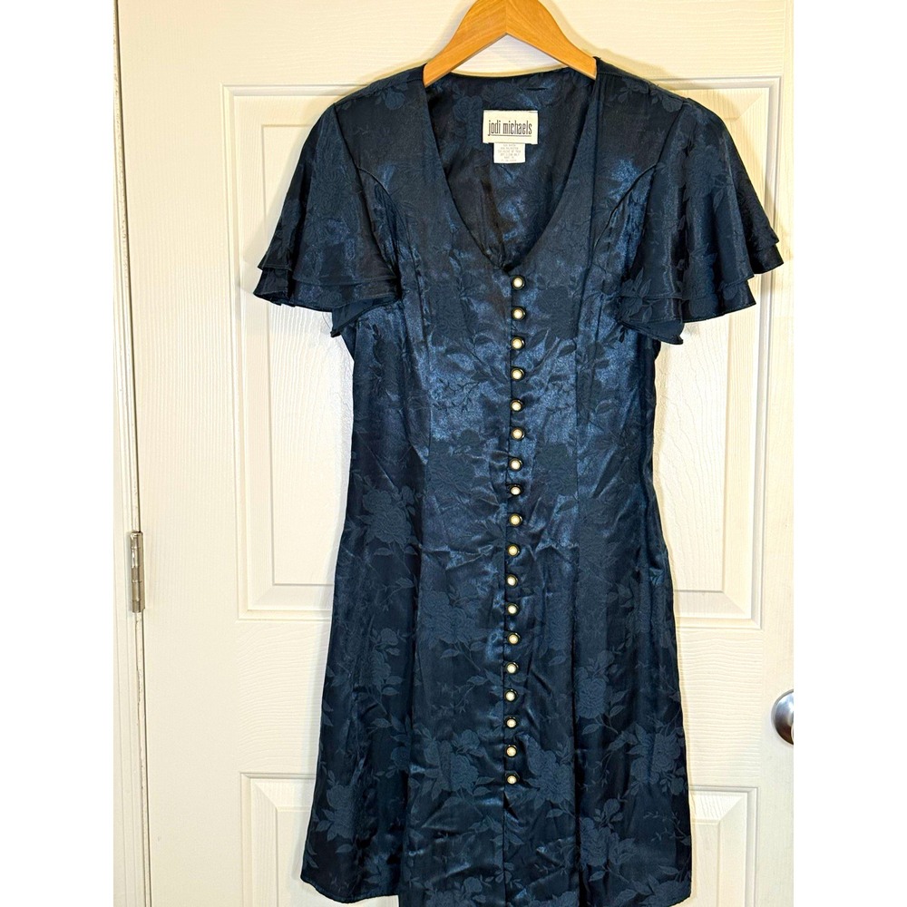 Vtg Jodi Michaels  90s Blue Floral Jacquard  Button Front A-Line Dress Size S